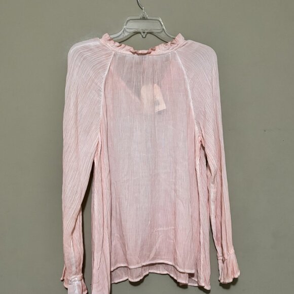 Wonderly Pink Peony Ruffle Neck Tie Front Blouse – Long Sleeve Boho Peasant Top - Picture 2 of 5